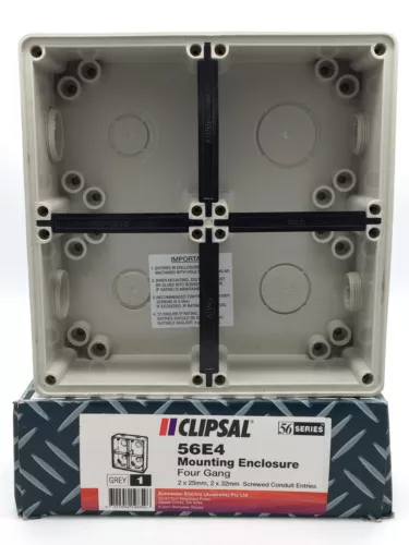 Clipsal 56E4 Mounting Enclosure 4 Gang 2x25 2x32mm Screwed Conduit Entries Grey