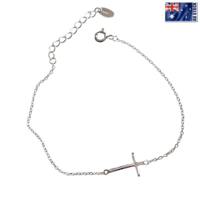 Genuine 925 Sterling Silver Solid Sideways Cross Charm Chain Bracelet Women Gift