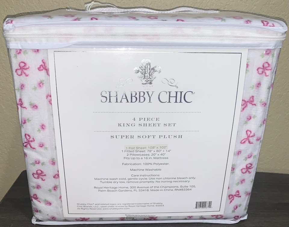 Conjunto de lençóis KING 4 peças de pelúcia rosa chique gasto Rachel Ashwell arco/floral super macio - Imagem 2 de 2
