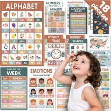 18 Toddler Learning Posters Laminated ABC Numbers Colors Shapes 11x17" Preschool