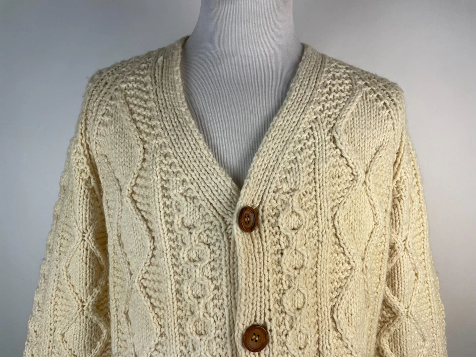 Cárdigan de lana Aran vintage años 80 90 para hombre XL tejido con cable suéter crema Foto 2 de 4