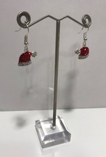 Christmas Holiday Silver-Tone Santa Hat Dangle Earrings Red-Clear Rhinestones