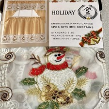 NEW 3-pc Set SNOWMAN CHRISTMAS Kitchen Curtain GOLD 60x36 Valance/2 30x36 Tiers