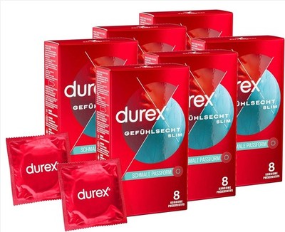 Durex Gefühlsecht Slim dünne Kondome schmale Passform befeuchtet 6 x 8 Stück