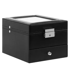 6 Slots Watch Box PU Leather Watch Case Glass Lid Jewelry Storage Display Case