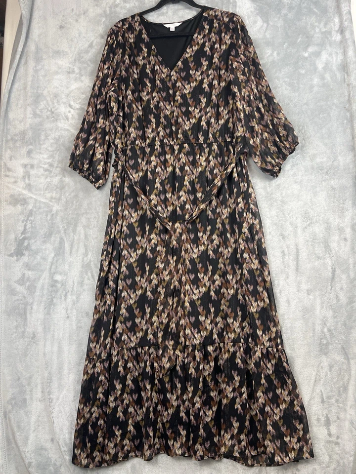 Women Maxi Tiered Flowy Dress 2 XL Metallic Belted 3/4 Sleeve Lauren Conrad's - Image 2 of 4