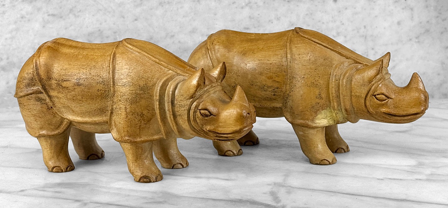 Vintage Teak African Rhino Carved Sculpture - A Pair