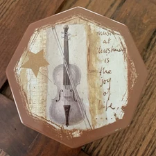 Music Theme Octagon Shaped Tin Canister  Musical Notes Lid Violin
