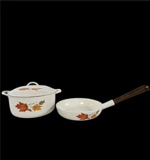 Vtg Descoware Autumn Leaves 2-E 10 Stock Pot & 23-B Fry Pan + Lid For Both READ⬇