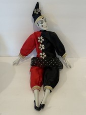 Vintage Pierrot Mime Harlequin Clown 18" Porcelain Jester Doll Red Black 1980s