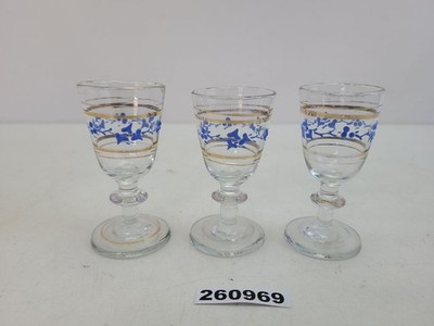 3x Schnapsgläser mit Fuß handbemalt blau Blumenmotiv um 1900 Jugendstil #260969