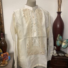 Men's Embroidered XL Barong Tagalog Dress Shirt in Cream Mandarin Collar