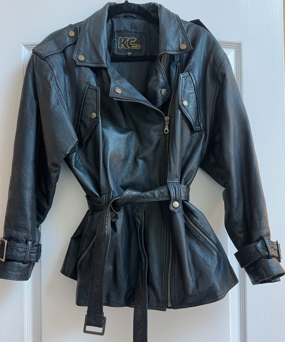 Vintage KC Collections Women’s Biker Black Leather Jacket Belted Full Zip M Vintage KC Collections Women’s Biker Black Leather Jacket Belted Full Zip M