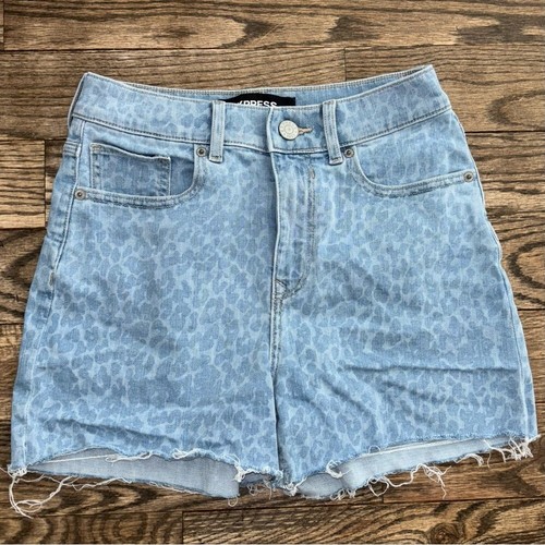 Express Midi High Rise Super High Waisted Laser Leopard Print Raw Edge Shorts 00 - Picture 3 of 7