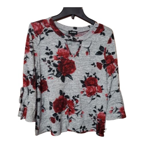 A. Byer Blouse Gray Red Roses Bell Sleeves Women's Sz L - Picture 2 of 10