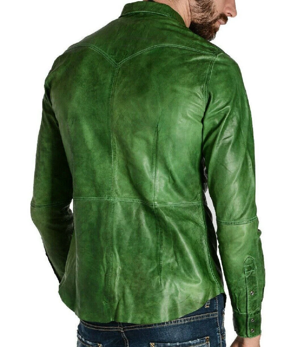 Green leather shirt sale