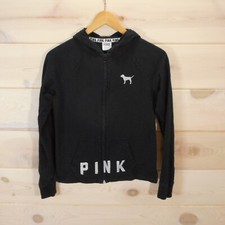 Victoria  s Secret PINK Size XS Logo Spellout Zip Hoodie Sweatshirt Black Dog