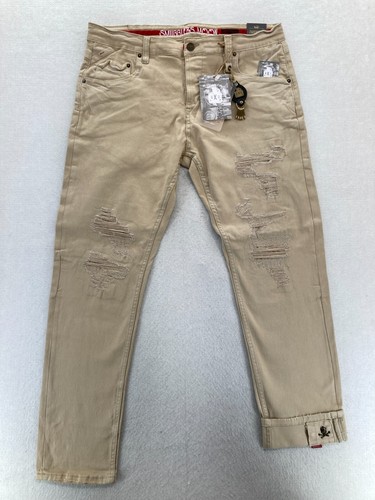 Smugglers Moon Jeans Mens 40x33 Khaki Beige Denim Button Fly Roll Up Distressed