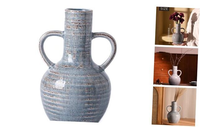 Ceramic Vase for Home Decor, 8.1'' Rustic Vintage Blue Vases for Haze Blue