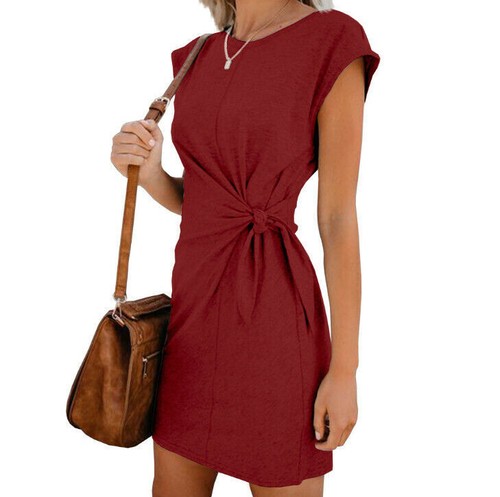 Women's Casual Soild Dress with Waist Tie Short Sleeves Round Neck Loose Dress - Imagen 7 de 14