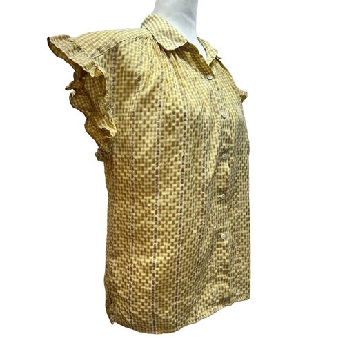 Max Studio Gingham Check Textured Button Up Ruffled Sleeves Yellow Shirt M - Picture 2 of 7