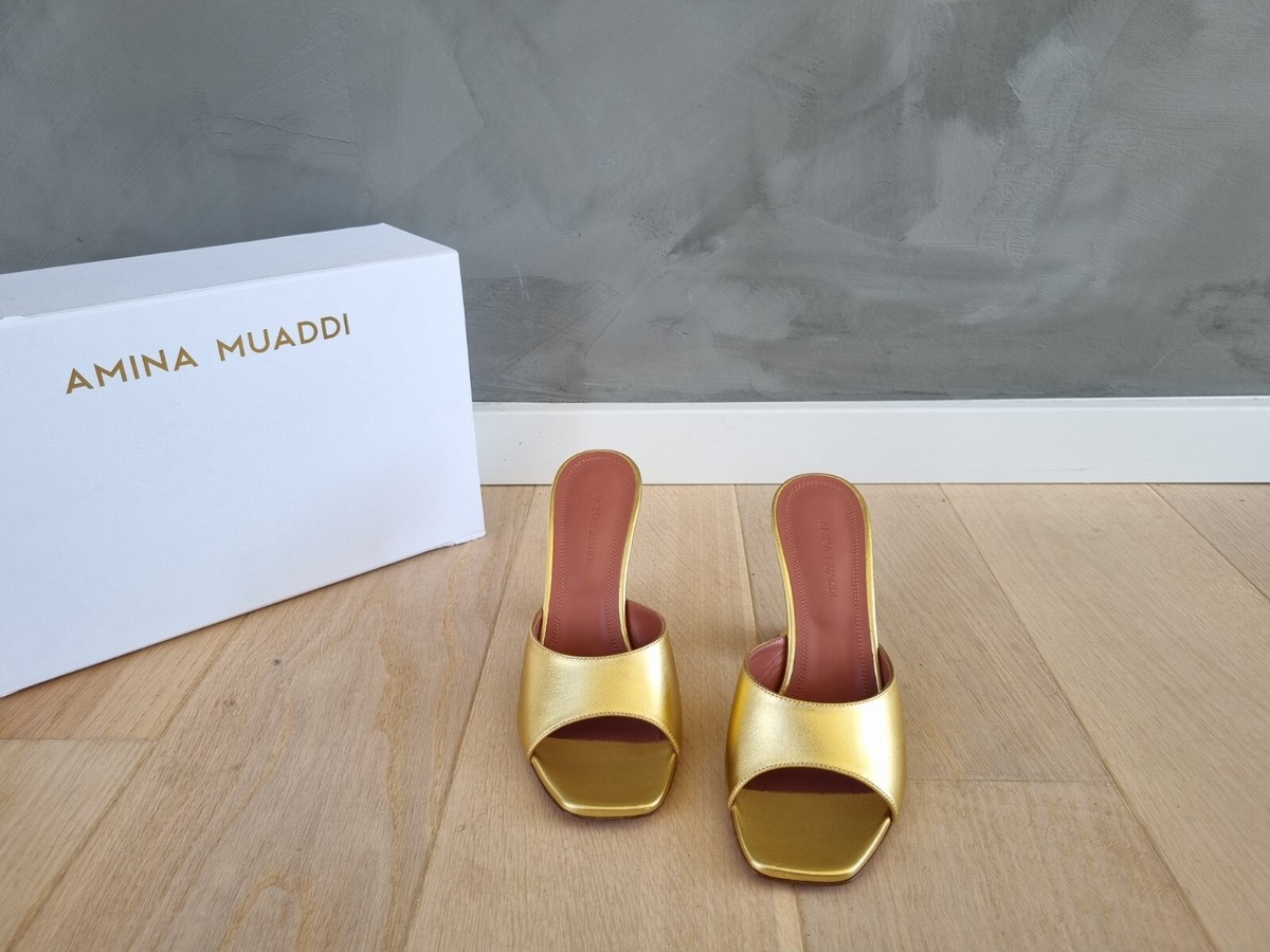 Amina Muaddi** Gold Leather Lupita 95 Mules Heels Slippers