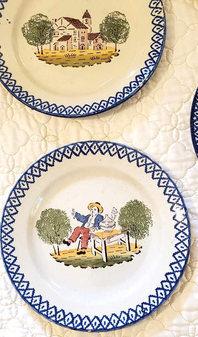 6 Antique St. Clement Plates French Provincial Blue Spongeware 9 inch