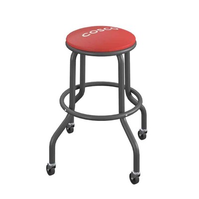 24in Red Metal Counter Stool with Vinyl Work Seat and Rolling Casters, 300lb wei