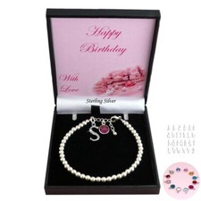 Sterling Silver Beads Bracelet, Birthstone & Letter Charms, Happy Birthday Gift