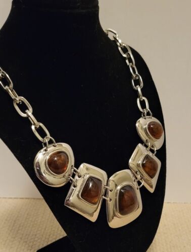 Kiam Family Silver Tone Bib Necklace Geometric Amber-Colored Cabochon Stones 14" - Picture 2 of 5