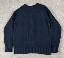 LL Bean Signature Sweater Mens Large Blue Pullover Cable Knit Fisherman Heavy