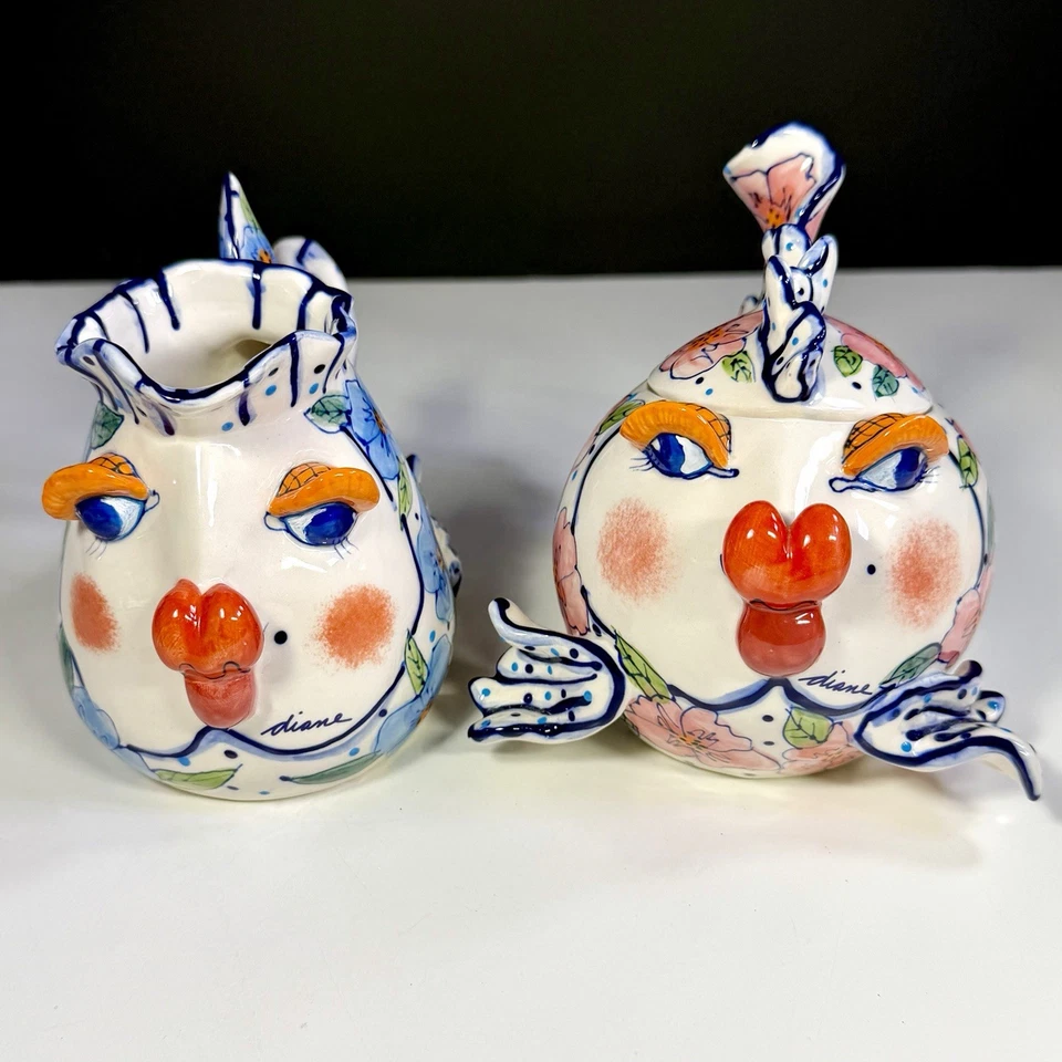 Набор рыбных сливок и сахара Diane Artware Kissy причудливая керамика китчи с цветочным рисунком - Изображение 3 из 4