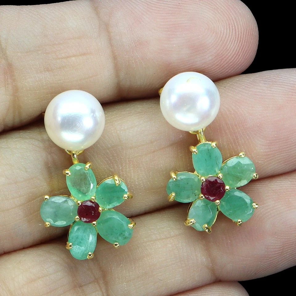 925 Sterling Silver Earrings Oval Emerald Ruby Pearl Gemstone No USA Import Fees - Image 2 of 4