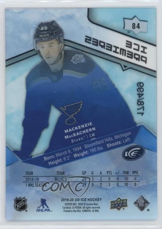2019-20 Upper Deck Ice Premieres /499 Level 3 Mackenzie MacEachern #84 Rookie RC - Image 2 of 2