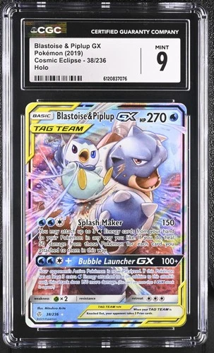 Blastoise & Piplup GX 38/236 Sm-Cosmic Eclipse Holo CGC 9 MINT VERY CLEAN!