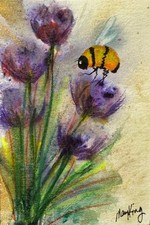 Watercolor Aceo 2.5 X 3.5 Original Painting By Mary King - Bee And Flowers