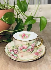 Vintage Patriark Pink & Green Floral Tea Cup & Saucer Set w/ Gold Trim “Keli”