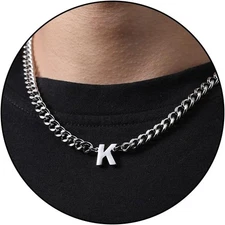 DuoDiner Initial A-Z Cuban Link Chain Necklaces for Men K, Silver 
