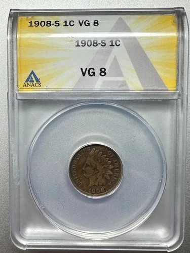 1908-S  INDIAN CENT   ANACS  VG8  KEY DATE