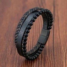 Men's Leather Braided Bracelet Natural Black Onyx Stone Bracelet Magnetic Clasp