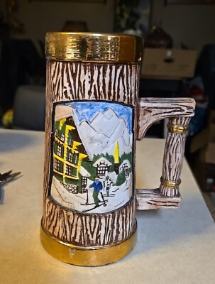Vintage 70's Beer Stein Hand painted Ski Mountain Town Wood Look Lodge Estate