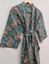 Indian Cotton Green Floral Kimono Sleepwear Bath Robe Night Maxi Gown Kimono