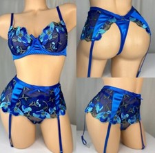 L 7 Glossy Satin Vtg Lingerie Lot Hi Cut Thong Panty 4 Strap Garter Belt Bra