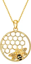 Bee Necklace 925 Sterling Silver Honeycomb Cute Gold Pendant Gifts for Women Her