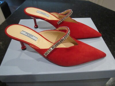 PRADA レッド ミュール 靴 PRADA RED SUEDE KITTEN HEEL MULE SHOES SIZE 8 1/2 B - 2