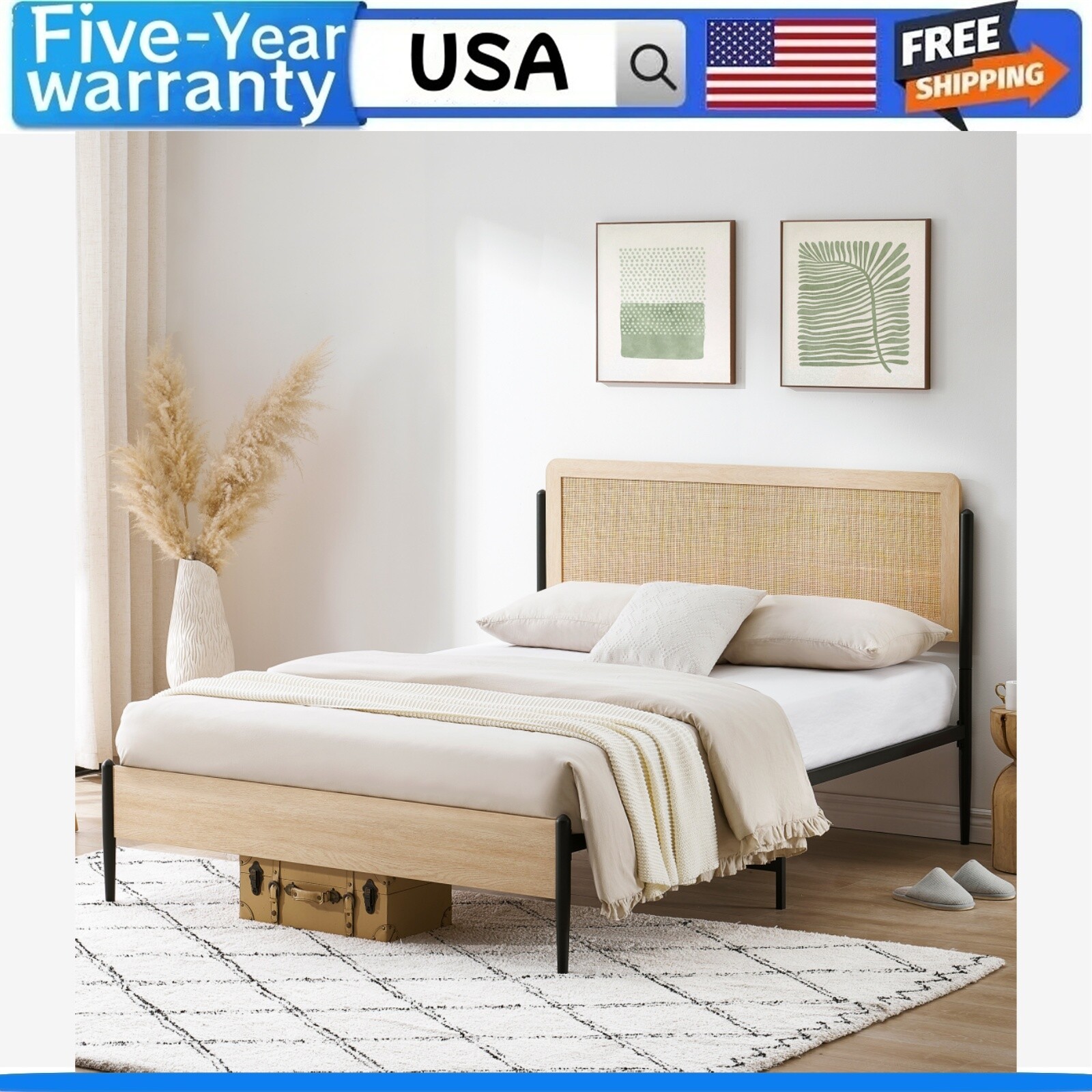 Bed Frame FULL/QUEEN Modern Platform Bed Frame with Rattan Headboard Metal Sla-image