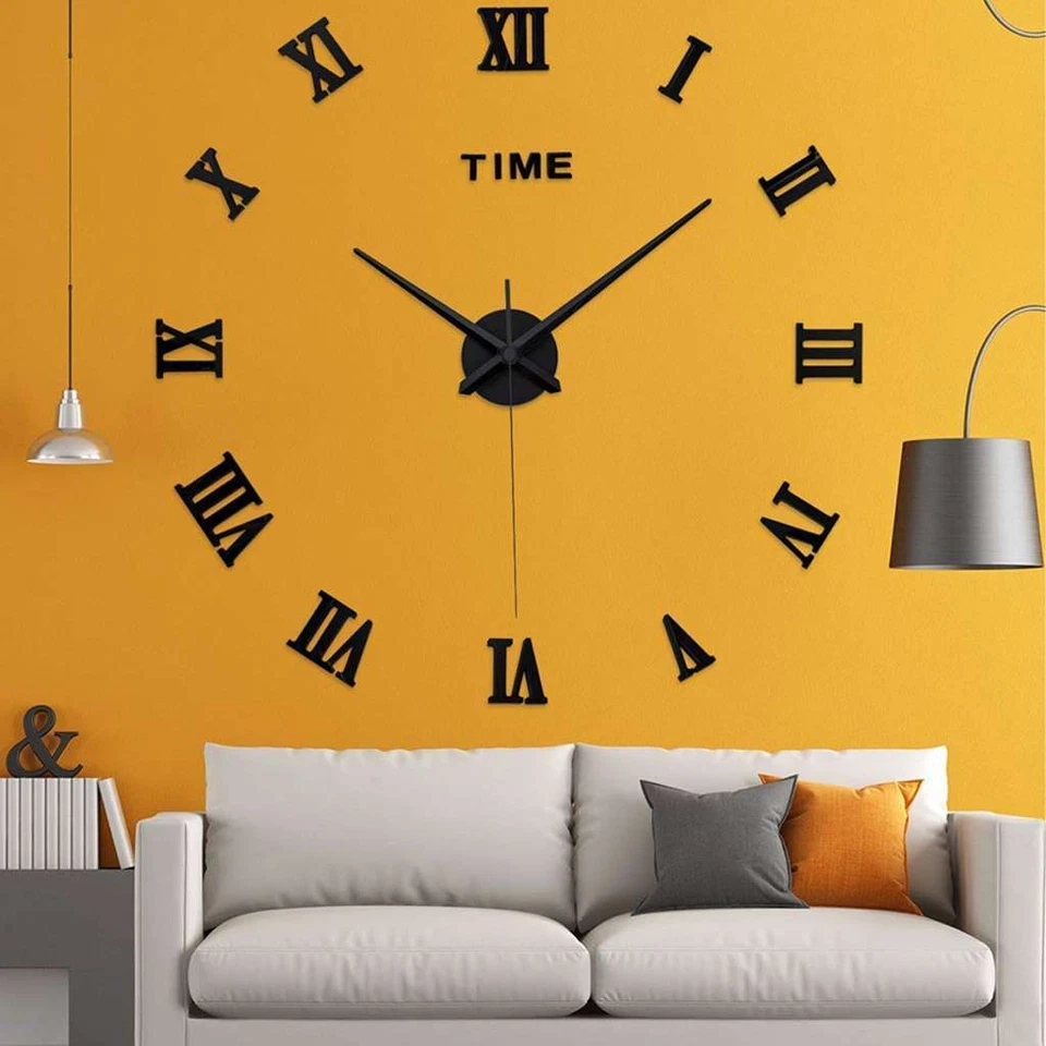Mirror Surface Large Modern Wall Clock 3D DIY Roman Number Sticker Decor Clock - Image 3 of 4