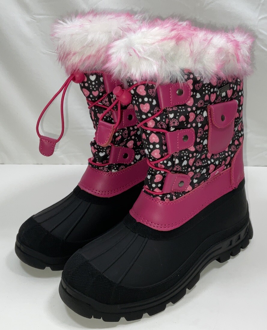 NWOB Youth Big Kids Dream Pairs Snow Boots Black Pink Hearts Fully