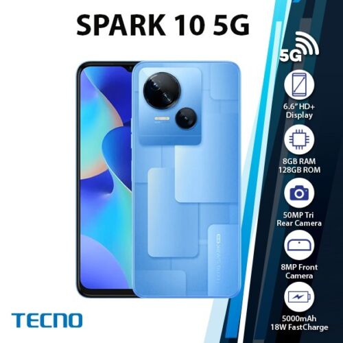 Téléphone portable Android TECNO Spark 10 5G (bleu, 8 Go + 128 Go, double SIM, débloqué) - Photo 1 sur 3