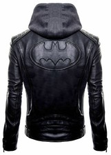 Men  s Real Leather Brando Biker Motorcycle Style Jacket with Detachable Hood